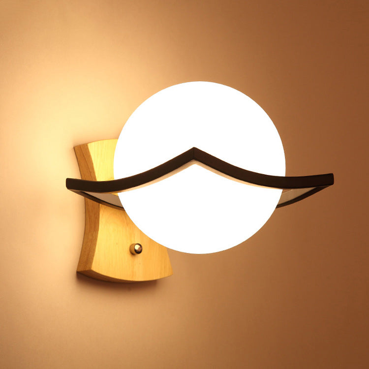 Lámpara de aplique de pared de 1 luz de vidrio y madera esférica minimalista moderna para dormitorio 