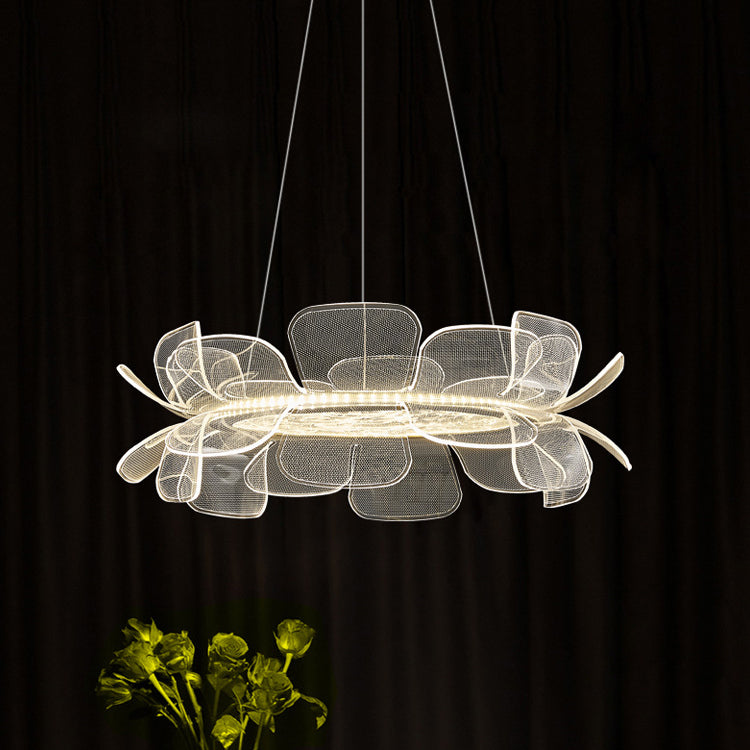 Moderne minimalistische runde Blume klares Metall Acryl LED Insel Licht Kronleuchter für Esszimmer 