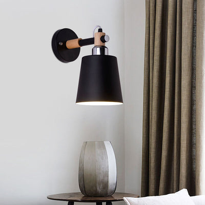 Contemporary Scandinavian Cylindrical Wooden Iron 1-Light Wall Sconce Lamp For Bedroom