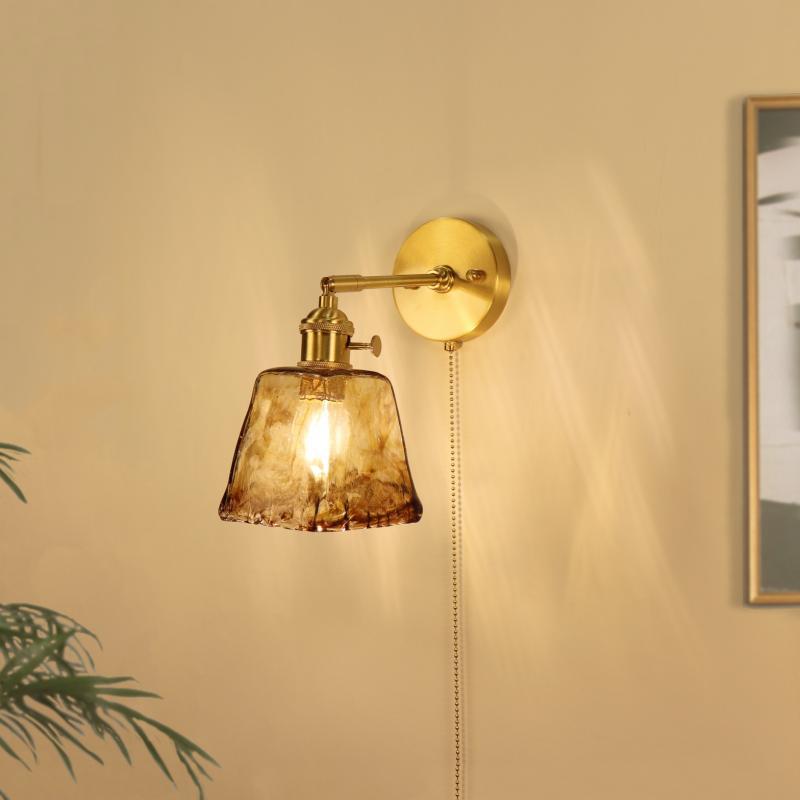 Traditionelle Vintage Messing Bernstein Quadrat Glas Schatten 1-Licht Wand Leuchte Lampe für Wohnzimmer 