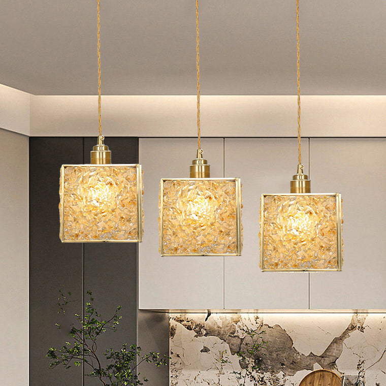 Suspension Luminaire 1-Lumière Moderne de Luxe Carré Cube Cadre en Or Cuivre Abat-jour en Verre Pour Salon 