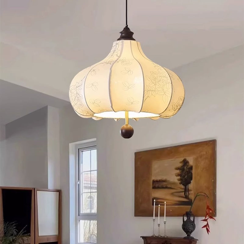Suspension Luminaire Traditionnel Vintage en Forme de Châtaigne Ronde en Tissu Bois Massif 3/5 Lumières pour Salon 