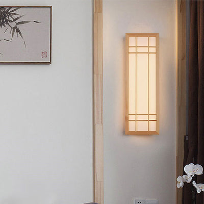 Traditional Japanese Rectangle Solid Wood Acrylic LED Wall Sconce Lamp For Bedroom