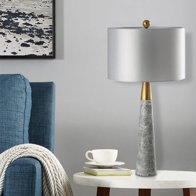 Abat-jour en tissu simple moderne, base en marbre gris, lampe de table à 1 lumière 