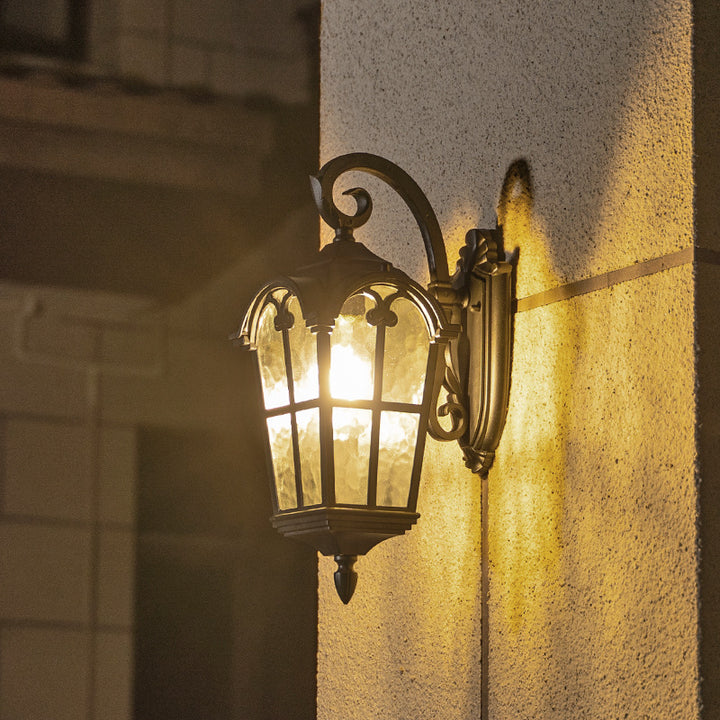 Lámpara Aplique de Pared de 1 Luz de Vidrio de Aluminio con Forma de Ventana Cuadrilateral Tradicional Europea para Patio Exterior 