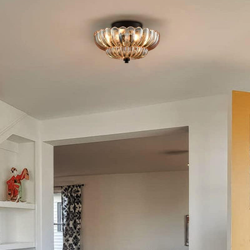 Zeitgenössische Luxus-Deckenleuchte mit Blumenmuster, Glas und Eisen, 3 Lichter, halbbündige Montage, für Schlafzimmer 