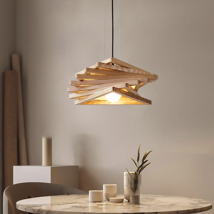 Traditional Japanese Wood Triangle Splicing Swirl 1-Light Pendant Light For Dining Room