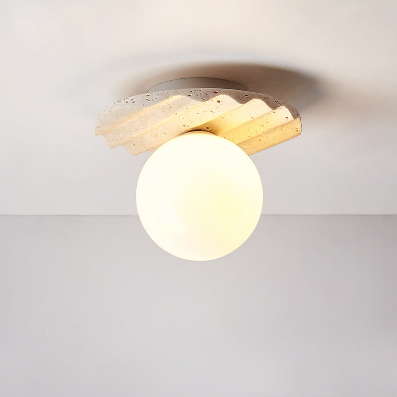 Traditionelle japanische Deckenleuchte aus gelbem Travertin mit kugelförmigem Glasschirm und 1 Licht, halbbündige Montage für Wohnzimmer 