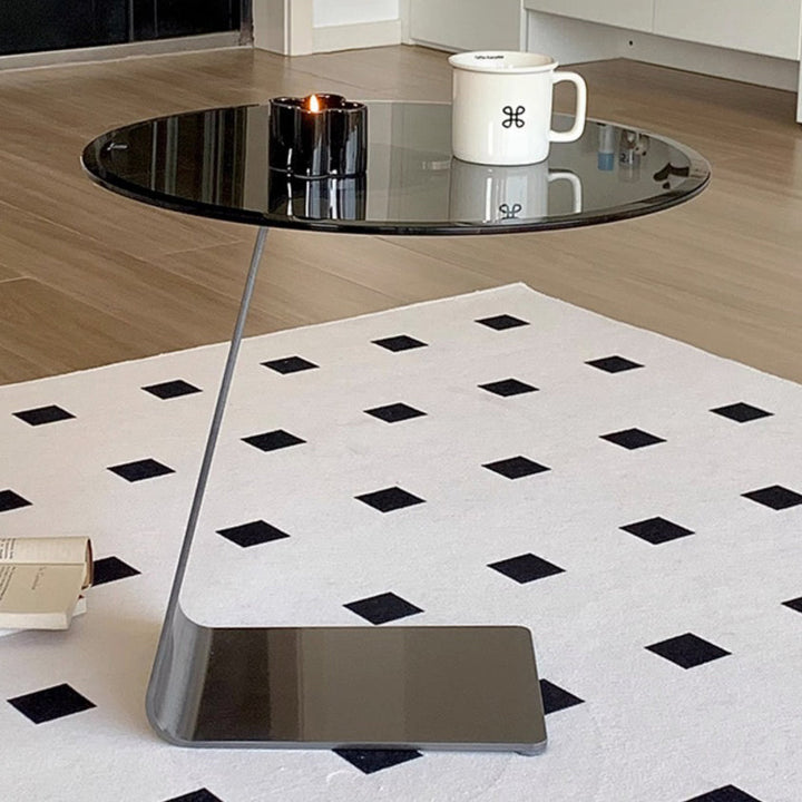Table d'appoint moderne de luxe en acier au carbone avec plateau rond en verre à 1 pied pour salon 