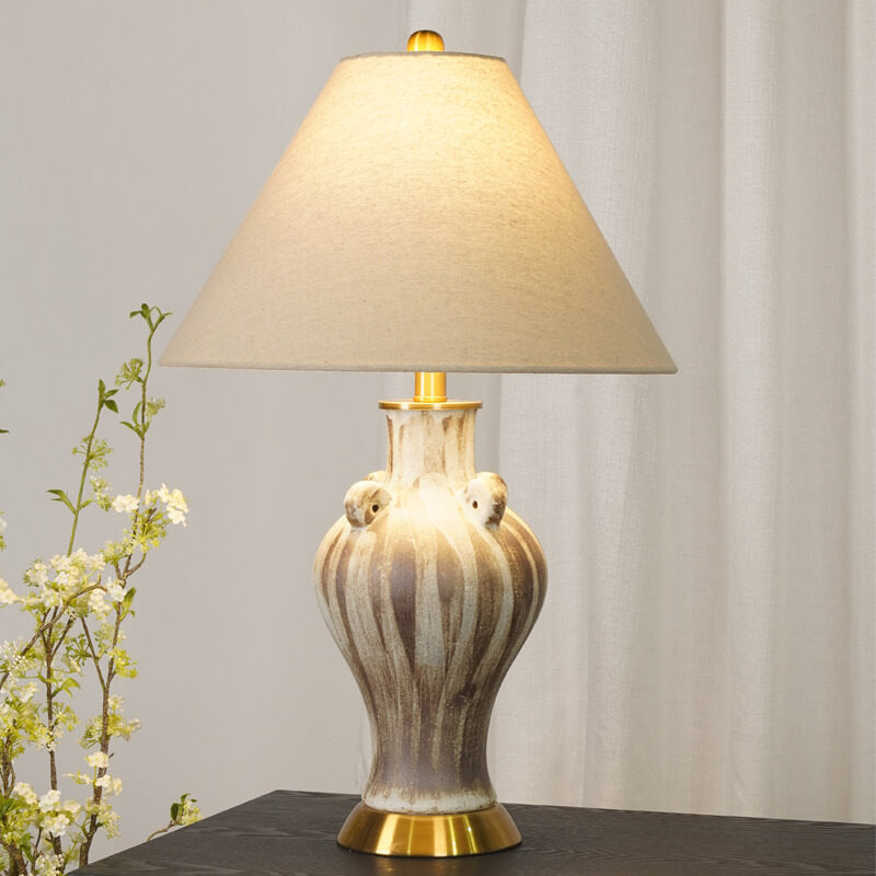 Contemporary Retro Aged Ceramic Jar Fabric Cone 1-Light Table Lamp For Bedroom