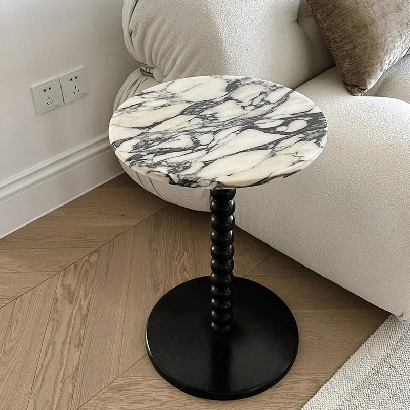 Table basse moderne minimaliste en bois de marbre avec base en corde de perles ronde pour salon 