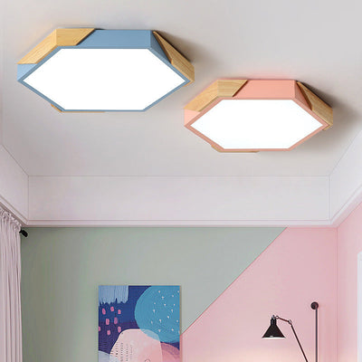 Zeitgenössische skandinavische sechseckige Holzmaserung Eisen LED Unterputz Deckenleuchte für Schlafzimmer 