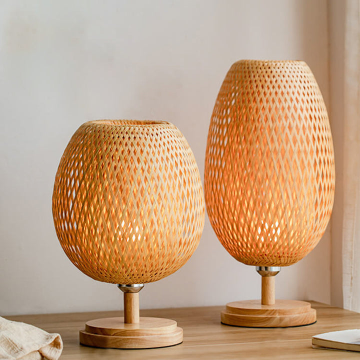 Traditional Chinese Moso Bamboo Wood Iron Weaving Oval Round 1-Light Table Lamp For Bedroom