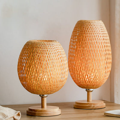 Chinese Minimalist Bamboo Weaving Oval Round 1-Light Table Lamp