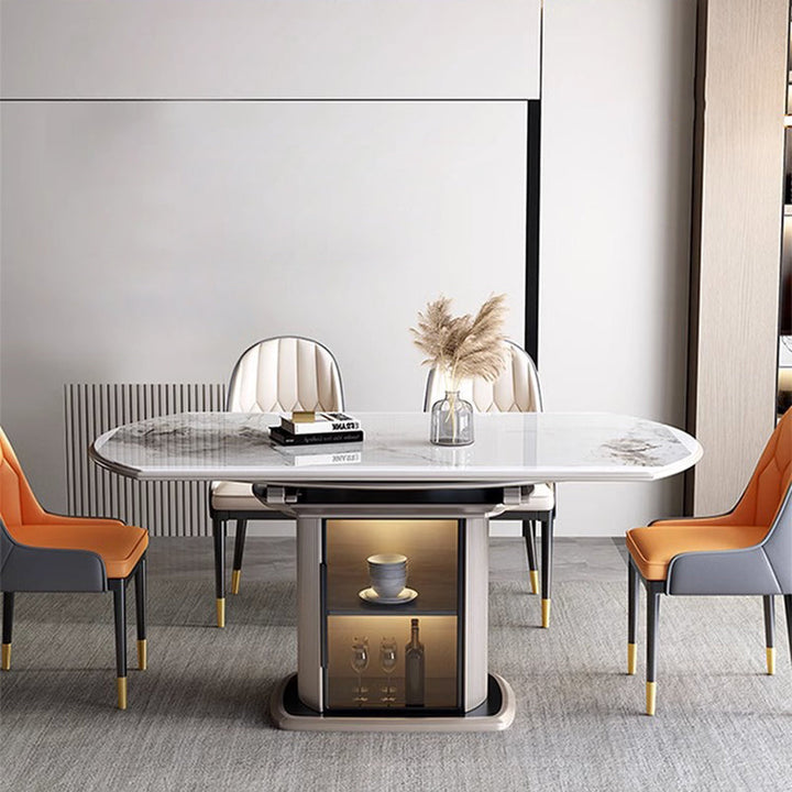 Contemporary Nordic Elliptical Rock Slab Oak Wood Glass Dining Table & Chair Set For 4 Seats