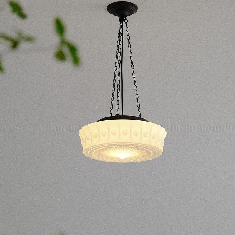 French Vintage White Jade Glass Stripes Round Drum LED Semi-Flush Mount Ceiling Light