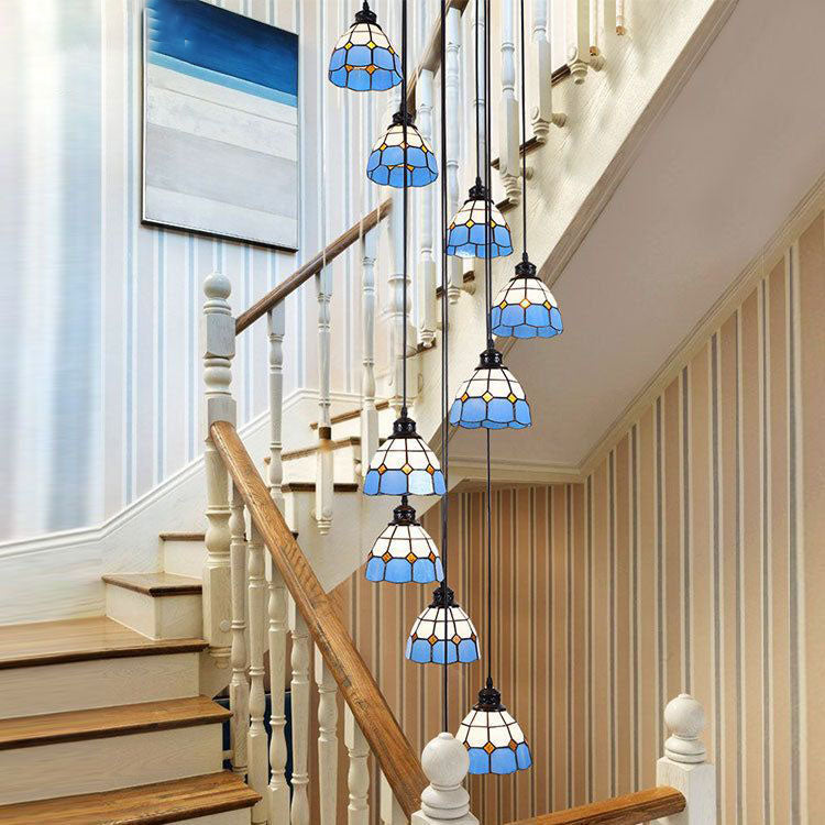 Zeitgenössischer Küstenkronleuchter aus konischem Eisenharz und Buntglas mit 10 Lichtern für das Wohnzimmer 