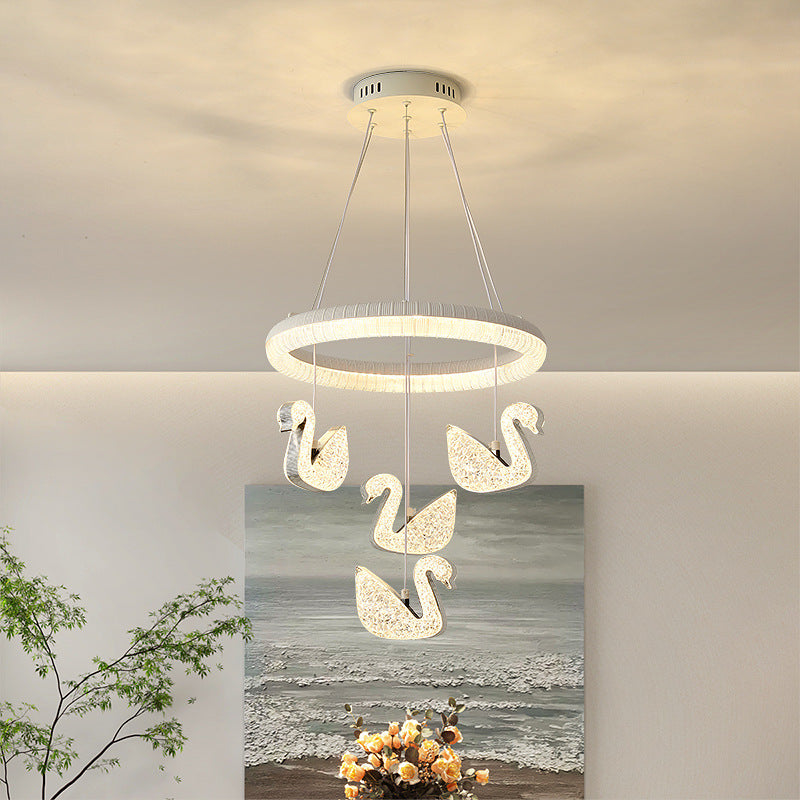 Zeitgenössischer Luxus-Kreis-Ring-Schatten-ABS-Schwan-Dekor-LED-Kronleuchter für Wohnzimmer 