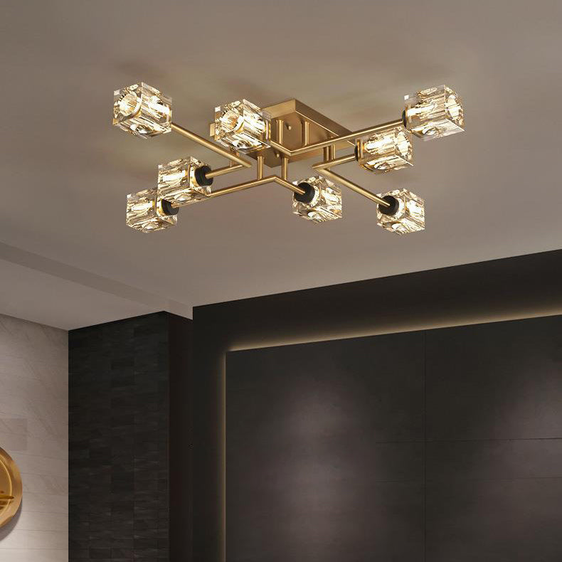 Luminaire de plafond semi-encastré contemporain de luxe branche rectangulaire en cuivre massif avec cristal 4/6/8 lumières pour salon 