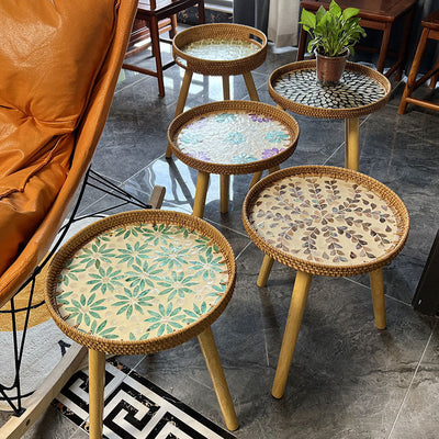 Table d'appoint ronde en bois et rotin fait main rustique traditionnel pour salon 