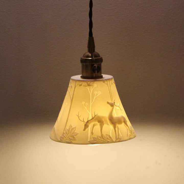 Lustre à suspension en céramique de paysage de cerf de ferme traditionnelle 1 lumière pour chambre 