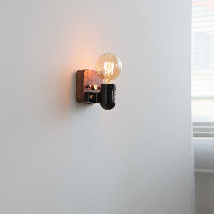 Applique murale 1 lumière avec abat-jour rond en verre céramique vintage traditionnel et base en bois pour chambre 