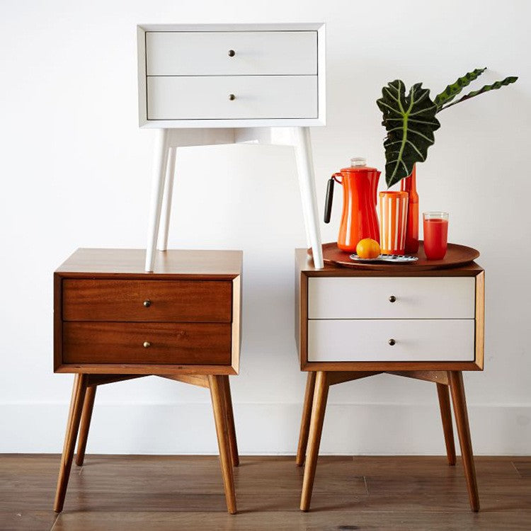 Contemporary Nordic Rectangular Wood Side Table 2-Drawer For Living Room