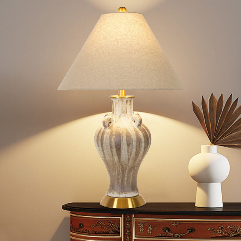 Contemporary Retro Aged Ceramic Jar Fabric Cone 1-Light Table Lamp For Bedroom