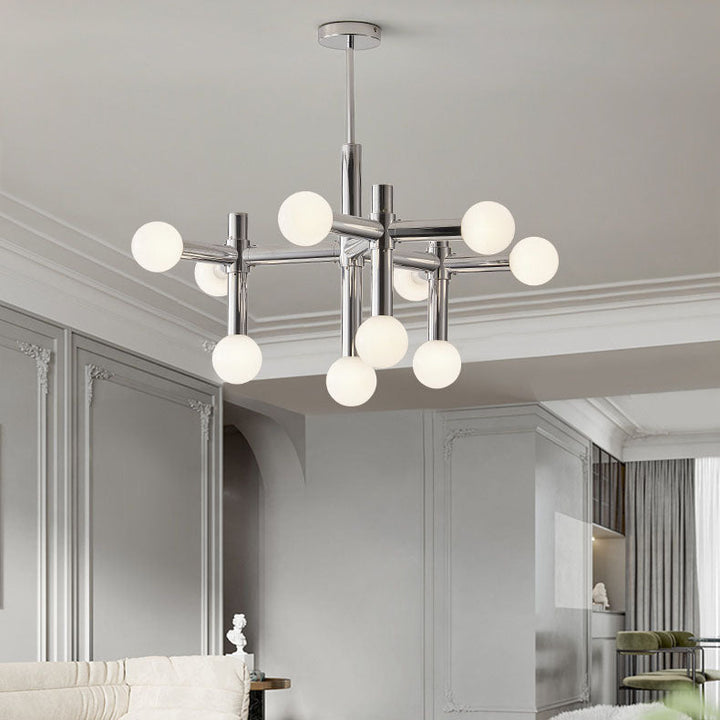 Zeitgenössischer skandinavischer Zweigkugel-Kronleuchter aus Eisen, Aluminium und Glas mit 10 Lichtern für das Wohnzimmer 