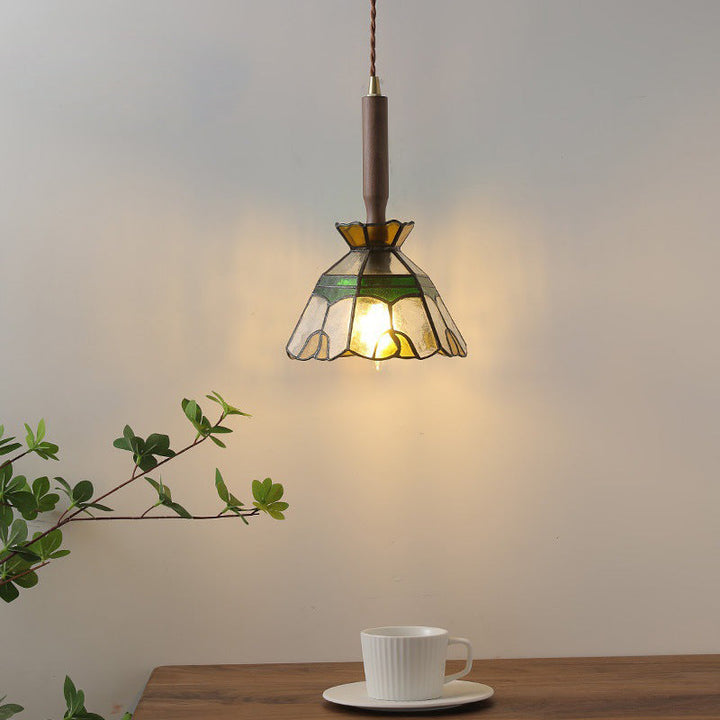 Traditionelle Vintage Blumenform Holz Glas 1-Licht Pendelleuchte für Wohnzimmer 