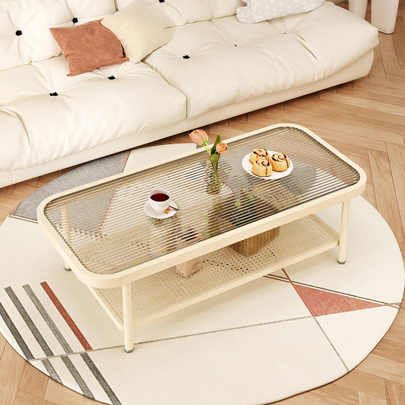 Moderner minimalistischer rechteckiger Glas-Kohlenstoffstahl-Couchtisch mit 2 Ebenen für das Wohnzimmer 
