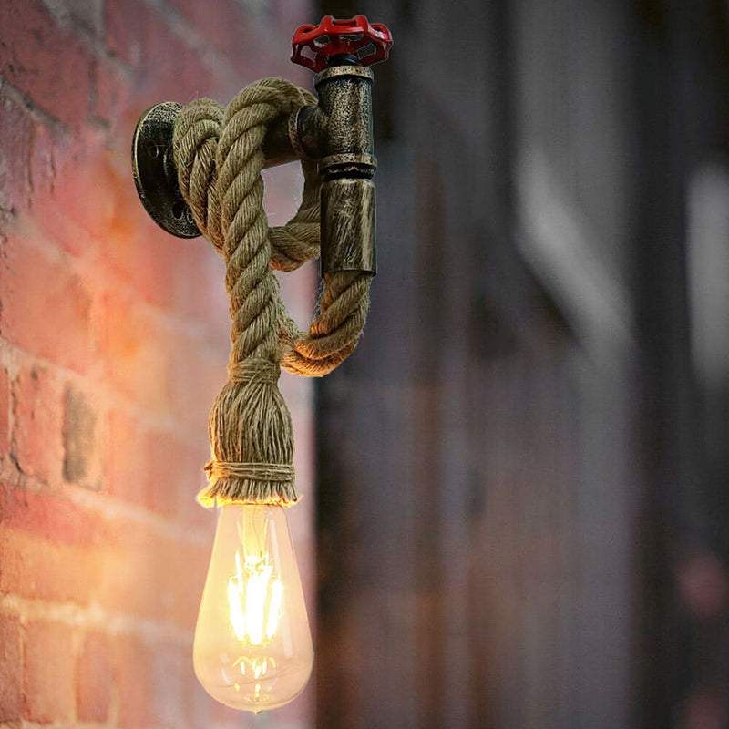 Vintage Industrial Hemp Rope Rust Plumbing 1-Light Wall Sconce Lamp
