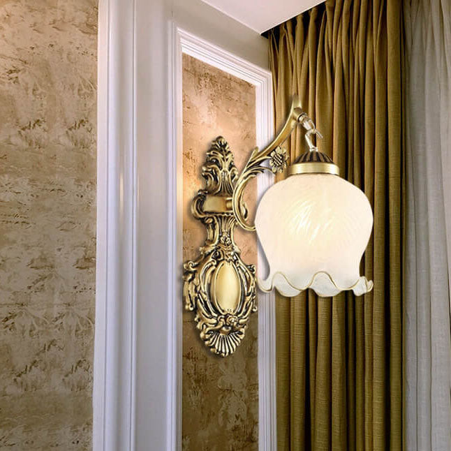 Aplique de pared de lujo ligero europeo de cobre completo con pantalla de flores 1/2 luces 
