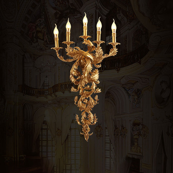 Traditionelle französische Vollkupfer geschnitzte Lampe Arm Palace Kandelaber 5-Licht Wandleuchte Lampe für Wohnzimmer 