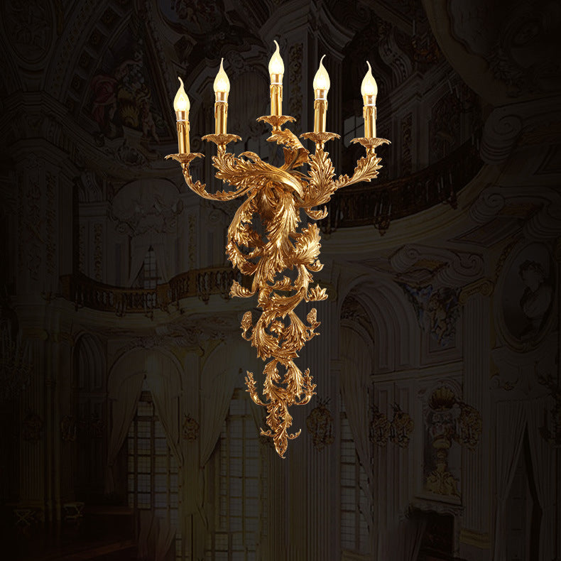 Traditionelle französische Vollkupfer geschnitzte Lampe Arm Palace Kandelaber 5-Licht Wandleuchte Lampe für Wohnzimmer 