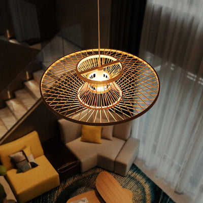 Traditionelle chinesische Zen-Pendelleuchte aus Bambusgeflecht mit 1 Licht für Esszimmer 