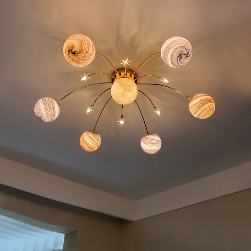 Contemporain Nordic Kids Fer Verre Balle Terre Planète 13-Lumières Semi-Plafonnier pour Chambre 
