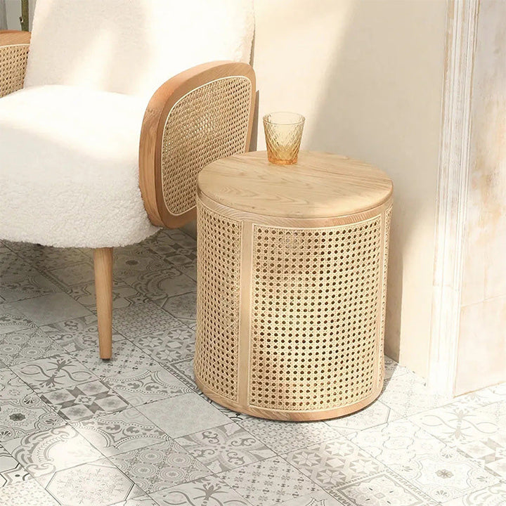 Contemporary Scandinavian Cylindrical Ash Wood Indonesian Rattan Coffee Table For Living Room
