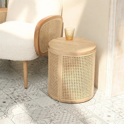 Mesa de centro cilíndrica de madera y ratán escandinava contemporánea para sala de estar 