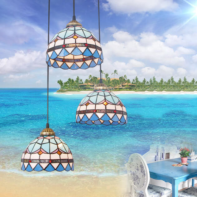 Lámpara colgante de isla de 3 luces con pantalla abovedada de vidrio Tiffany y hierro para sala de estar 