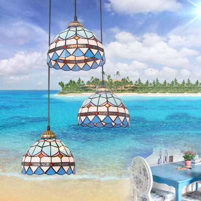 Tiffany Mediterranean Dome Stained Glass 3-Light Island Light Chandelier