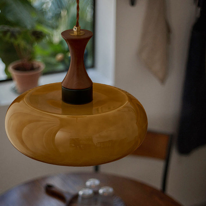 Zeitgenössische Retro Holz Eisen Glas Trommel Runde 1-Licht Pendelleuchte Für Esszimmer 