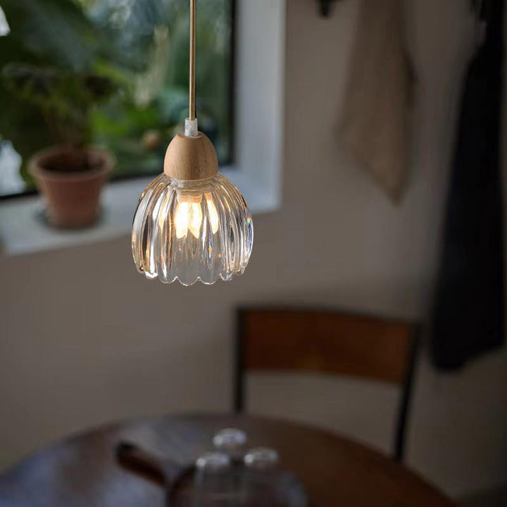 Traditional Japanese Rubber Wood Glass Flower 1-Light Pendant Light For Dining Room