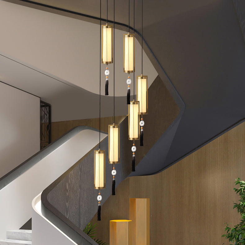 Traditional Chinese Copper Glass Cylinder Elliptical Hollow 1/3/6 Light Chandelier For Entryway