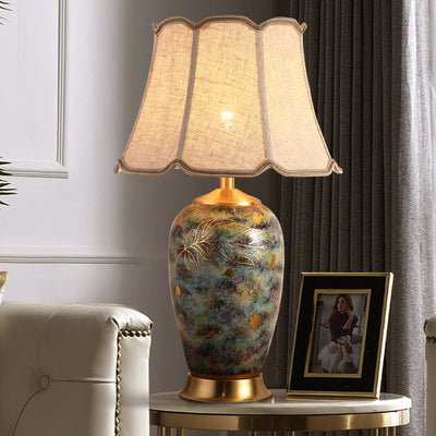 Modern Luxury Vase Base Pleated Octagon Lampshade Ceramic Fabric 1-Light Table Lamp For Bedroom