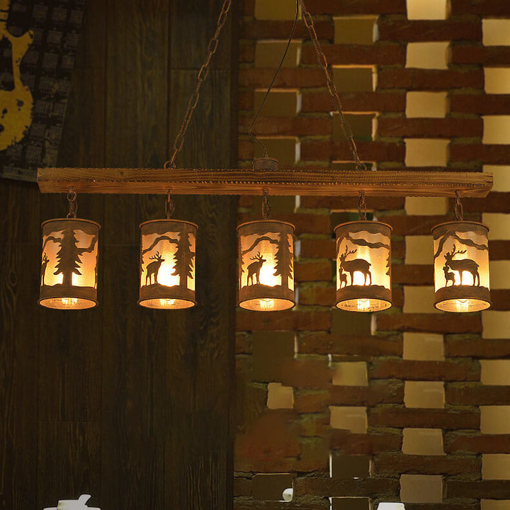 Industrielle Retro Kreative Lange Streifen Holz Zylinder Lampenschirm 3/5-Licht Kronleuchter 