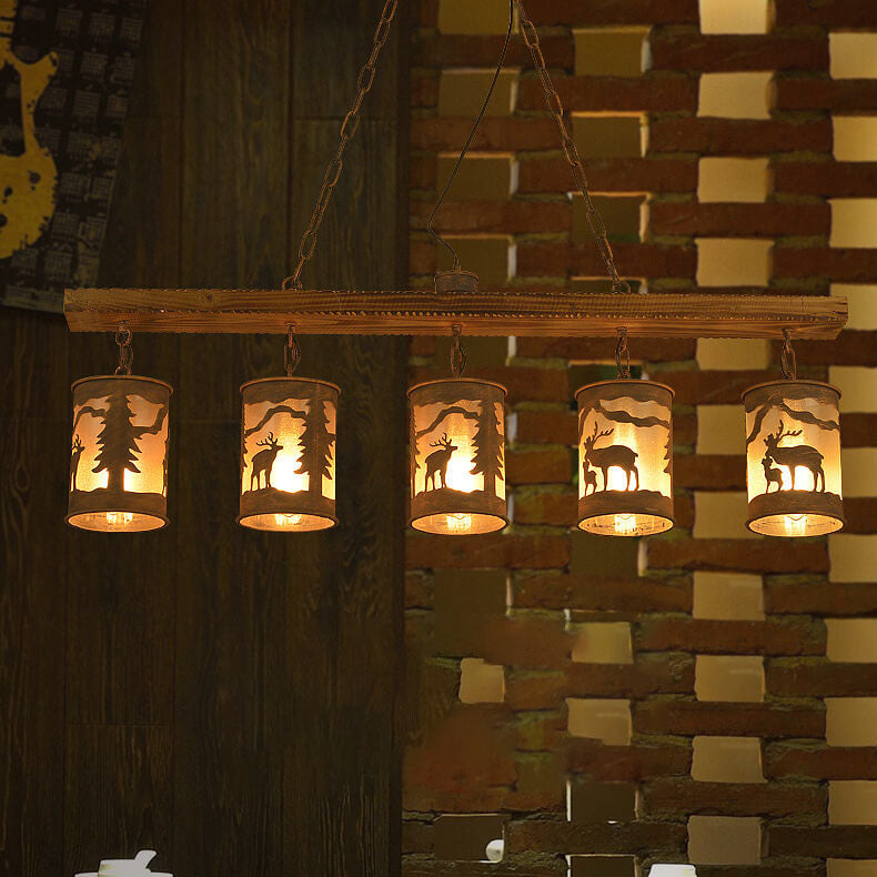 Industrielle Retro Kreative Lange Streifen Holz Zylinder Lampenschirm 3/5-Licht Kronleuchter 