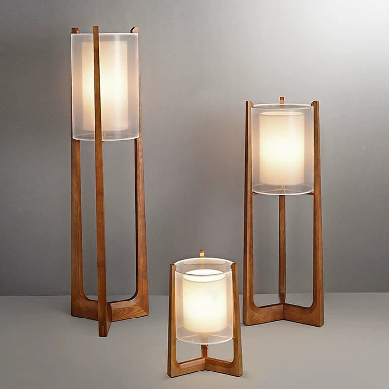 Traditional Japanese Solid Wood Brass Fabric Column 1-Light Standing Floor Lamp For Living Room And Bedroom