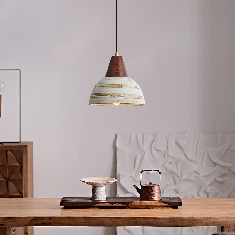 Zeitgenössische Retro-Keramikschale Form Holz 1-Licht Pendelleuchte für Wohnzimmer 