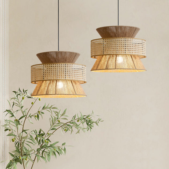 Lámpara colgante de 1 luz con pantalla redonda tejida de cuerda de cáñamo de ratán vintage tradicional Zen para sala de estar 
